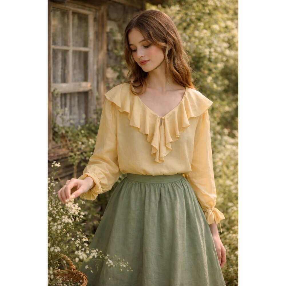 Vintage Express 100% Silk Ruffle Blouse Yellow Cottagecore Portrait Collar M